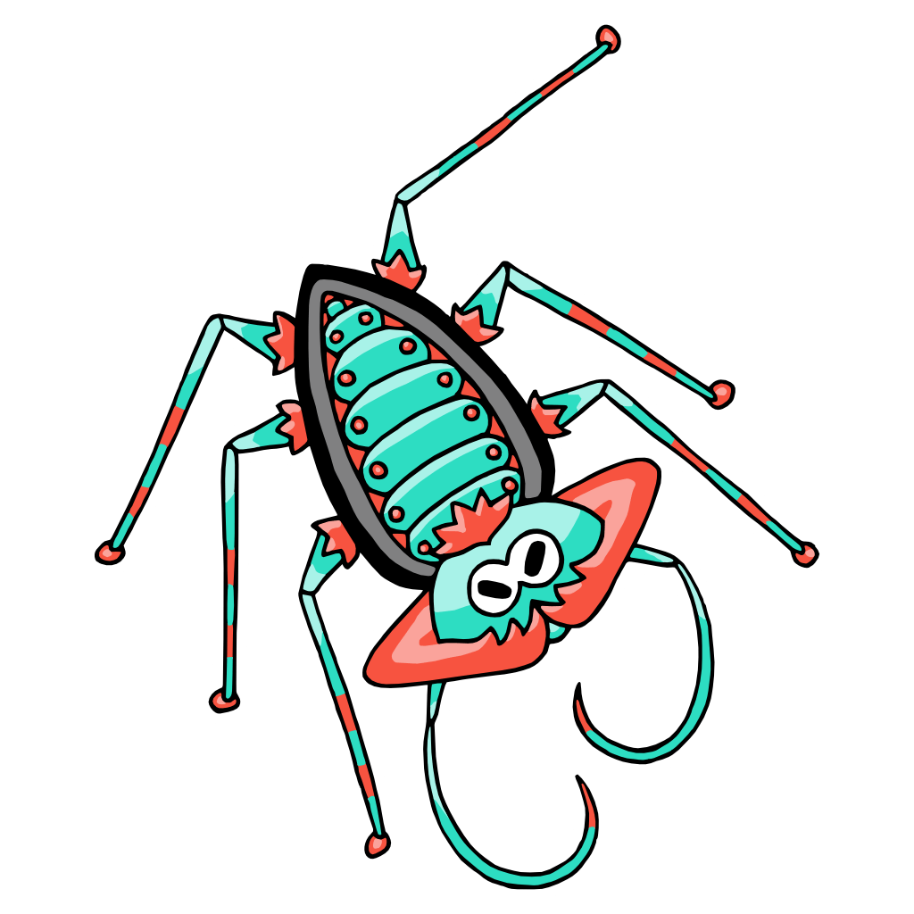 Escorpiaza is the mascot of the Guabaleros de Comerío. It's the jester of whip spiders, its legs and probosces striped in orange and turquoise, which is also the color of the armor plates in its black-rimmed shell; it's got a "beard" of orange plates around its face, where it appears very, very annoyed with you. Which isn't really a problem, because that thing is harmless to humans.