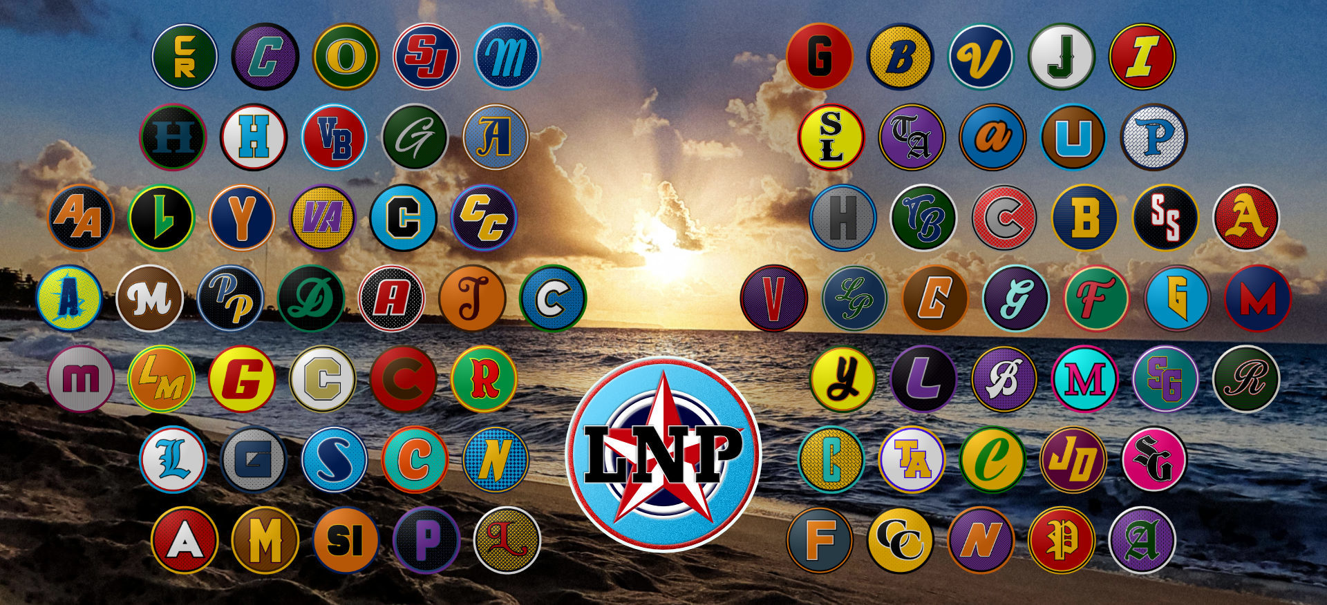 An image of a sunrise at a sandy beach in Aguadilla, on which the logos of all 78 teams of the Liga Nacional Puertorriqueña have been superimposed, along with the logo for the league itself. The logos are divided, with the Liga Betances teams to the left of the sunrise, and the Liga Hostos teams to the right. Each group forms a kind of arrow, with there being 5 teams in the first and second lines, 6 in the third, 7 in the fourth and middle line, 6 in the fifth and 5 in the sixth and seventh. 39 teams are on each side of the sunrise.