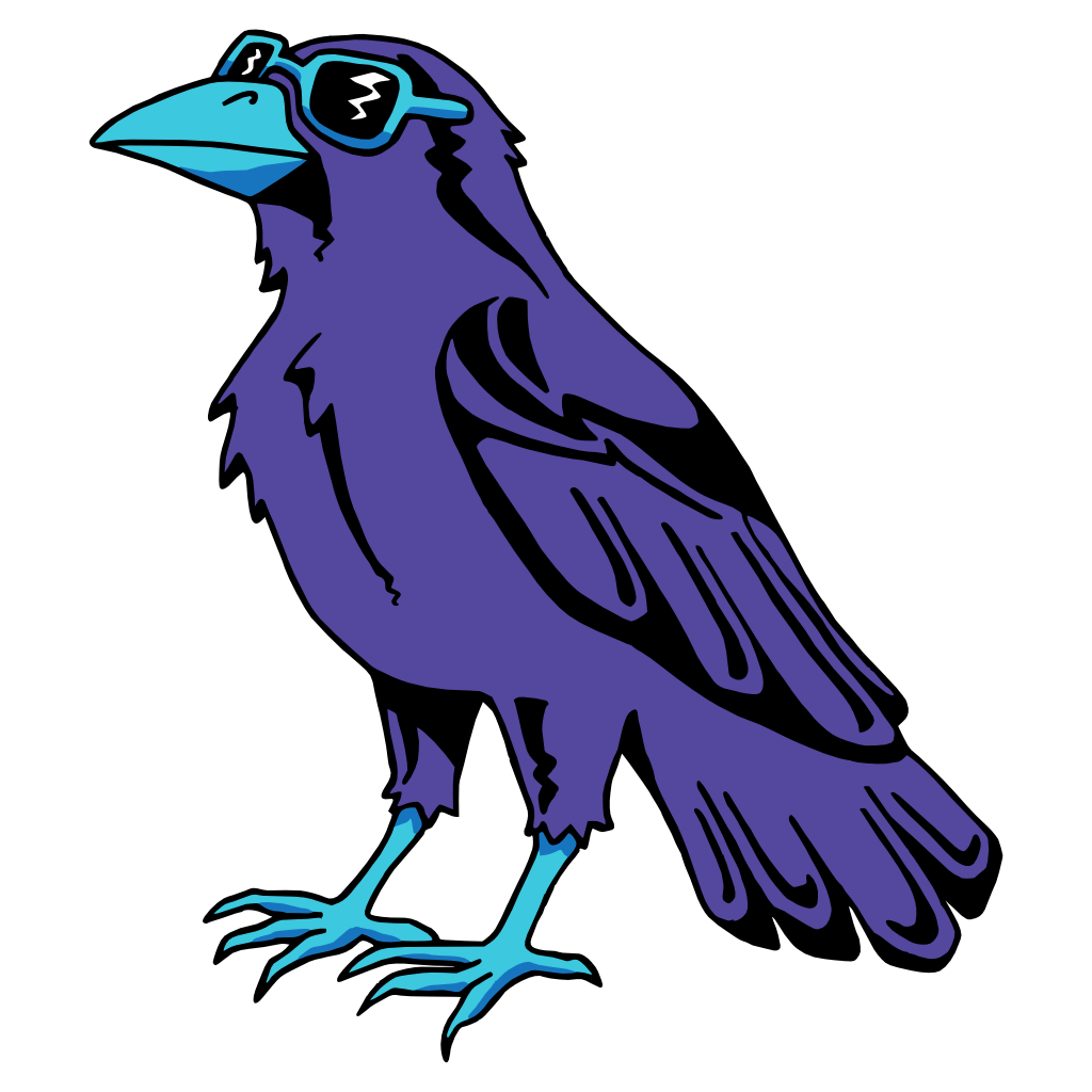 We're going to try and describe Gafástrofe, the mascot of the Cuervos de Patillas. It's an impossibly cool crow, the kind of purple comic books use to symbolize black leather, with light blue beak and talons, and a pair of sunglasses whose black lenses are reflecting white lightning. We even feel a little overwhelmed to write the alt text for a creature whose one glance would outshine us all.