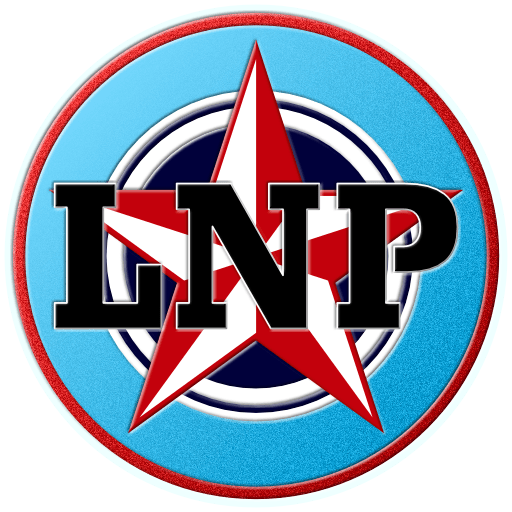 The logo of the Liga Nacional Puertorriqueña: a big sky-blue circle, bordered in red and white, surrounding a smaller circle of darker blue with white borders, superimposed on which is a red-and-white nautical star that hosts the acronym "LNP" in black block letters.
