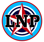 The logo of the Liga Nacional Puertorriqueña: a big sky-blue circle, bordered in red and white, surrounding a smaller circle of darker blue with white borders, superimposed on which is a red-and-white nautical star that hosts the acronym "LNP" in black block letters.
