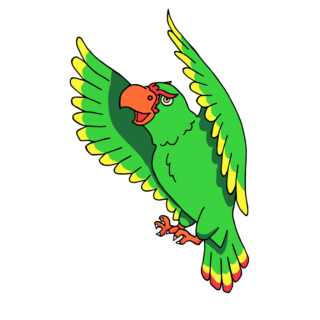 You'll probably hear Lorocuaz, the mascot of the Cotorras de Río Grande, long before you see it. It's a big green parrot, whose wingtips are yellow—except the tailfeathers, where there's red. It's got an orange beak, with a red comb over it, and yellow eyes, and orange talons that it will absolutely use to hold you in place so it can finish its sentence.