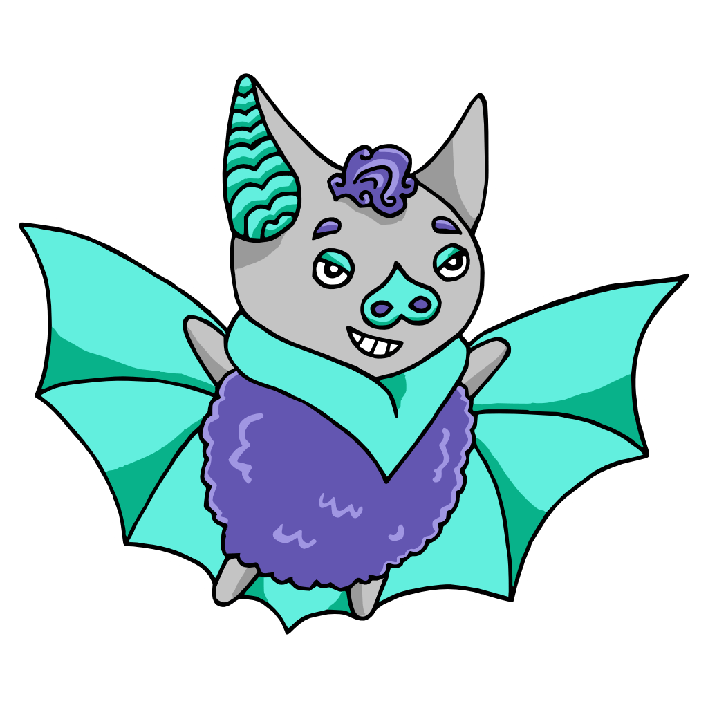 Nocturnovio, the mascot of the Murciélagos de Camuy, is what pick-up artists would want to look like as werebats. It's gray and stubby-limbed, with a purple tuft of hair between its turquoise ears, and big turquoise wings and collarlike neck that complement its rather spherical purple body. Can you resist the romance?