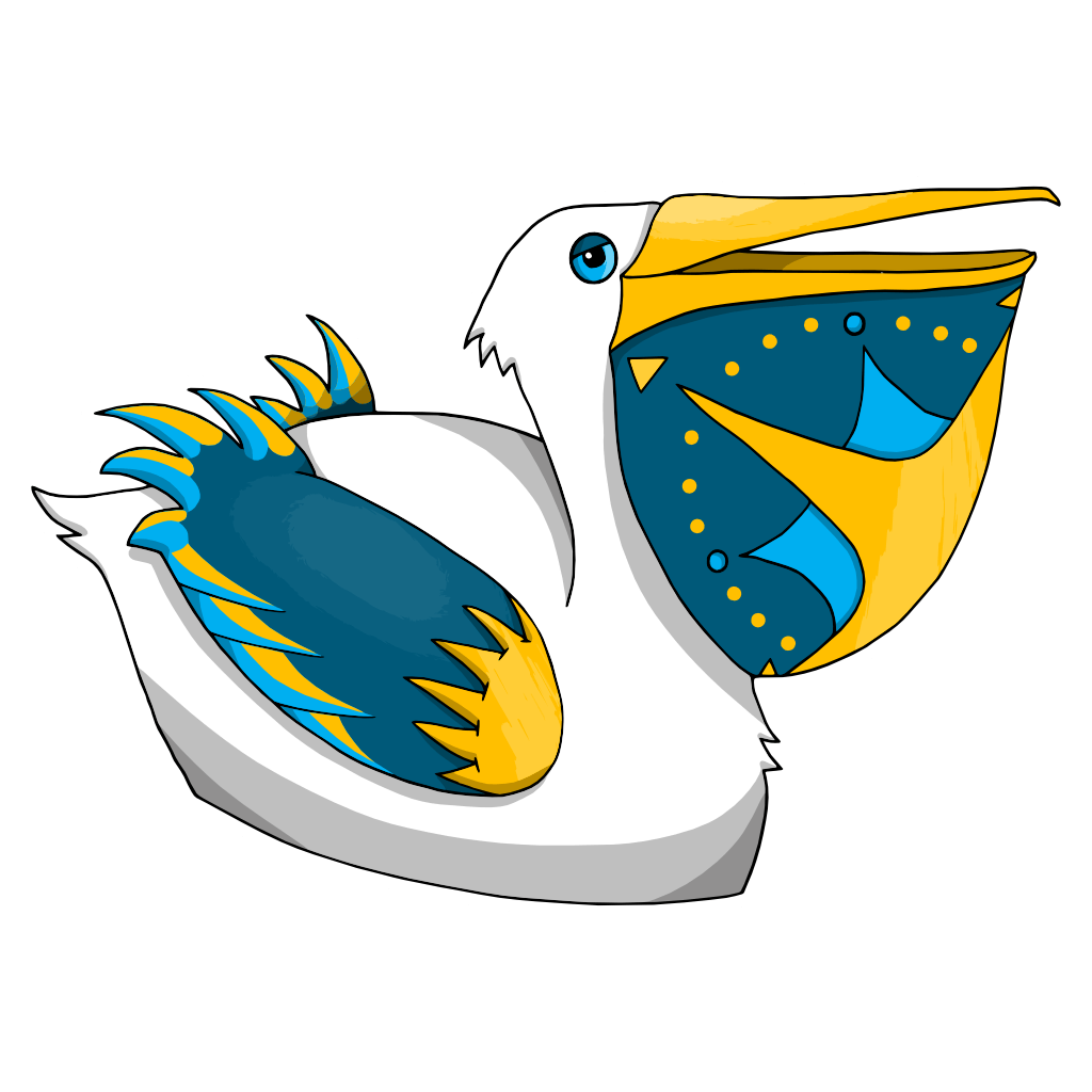 Nortimón is the mascot of the Navegadores de Naguabo: a white pelican with a gold beak and blue eyes; its sapphire pouch is decorated with a compass rose, with golden directional points, except for the cross directions, which are sky-blue, as is the background of the compass rose. It’s got sapphire blue wings with golden decorations like epaulettes, and back feathers in blue and gold.