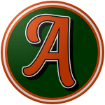 Alpena_Partridges_004000_DC602E The logo of the Alpena Partridges: a dark green Lake Huron circle with an orange "A" in a script font. The "A" is shadowed in black and bordered in black and white; the circle has an orange-white-orange border.