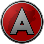 The logo of the Cachorros de Arecibo, which is based off their parent team's, the Lobos de Arecibo. It's a red circle bordered in silver-black-silver; inside the red circle, on top of the subtle shadow of a wolf head, is a very triangular sharp "A" in silver, which tails to a dark gray at the bottom of the letter, shadowed vertically in black towards its bottom.