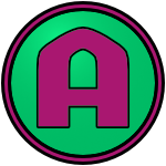 The logo of the Auburn Cordwainers: a pink "A" that kind of looks like a house on a green circle, bordered in black-pink-black.