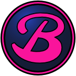 The logo of the Bangor River Hogs: a big curvy pink "B" on a navy circle, bordered in black-pink-black.