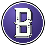 The logo of the Bennington Melodeons: a white "B" in a layered Gothic font with little holes in it, kind of like a circus instrument might have. The letter sits on a lilac circle bordered in white-black-white.
