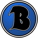 The logo of the Burlington LIghtermen: a huge curvy "B" in black, bordered in white and more black, sits on a blue circle bordered in black-white-black.