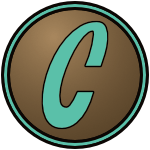 The logo of the Concord Stagecoaches: A thin curvy "C" in a turquoise-ish color sits on a copper circle, bordered in black-turquoise-black.