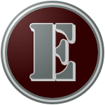 Erie_Commodores_400000_7E8987 The logo of the Erie Commodores: a dark red circle bordered in silver-white-silver, surmounted with a silver metallic stencil "E" bordered and shadowed in white.