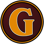 The logo of the Griswold Vampires: a goldenrod "G" in a big bold serif type sits on a maroon circle, bordered in black-goldenrod-black.