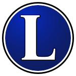 The logo of the Lewiston Quebeckers: a tall serif "L" in white stands on a blue circle, bordered in white-black-white.