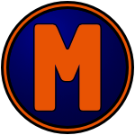 The logo of the Manchester Gamblers: a big squarish orange "M" on a navy circle, bordered in black-orange-black.