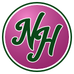 The logo of the New Haven Regicides: a green "NH," bordered in white, in a script font, on a pink circle bordered in white-green-white.