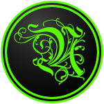Logo of the Newburyport Deep Ones: an extremely fancy "N" that looks like a giant squid of some kind in bright green, sitting on a black circle bordered in bright green-black-green.