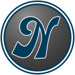 The logo of the Newport Pilot Whales: a navy "N" in fishy curves, sitting on a gray circle bordered in navy-white-navy.
