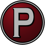 The logo of the Providence Gems: a copperplate "P" in gray, sitting on a dark red circle, bordered black-gray-black.