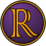 The logo of the Rutland Quarrymen: a gold "R" in a segmented classical fancy type sits on a purple circle, bordered in black-gold-black.