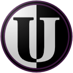 Utica_Half_Moons_4C1E4F_000000 The logo of the Utica Half Moons: a circle that's half black and half white, bordered in purple-black-purple. The "U" logo of the team, a formal serif font, is divided halfway as well, so that the black half sits on the white part of the circle, and vice versa.