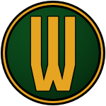 The logo of the Waterville Elms: a tall, tree-like "W" in gold stands on a green circle bordered in black-gold-black.