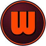 The logo of the Woonsocket Foxes: a thick orange "W" with a curvy bottom sits on a VERY dark red circle, bordered in black-orange-black.