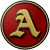 The logo of the Matadioses de Añasco: a pale golden capital "A" in Gothic font on a dark red circle, bordered in black, then pale gold, then black.