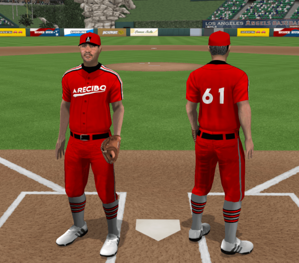 The away uniforms of the Cachorros de Arecibo are a bit of a pajama situation, but still quite sharp. Red jerseys with white "Arecibo" wordmark and swash on the front and numbers on the back; black undershirt; piping down the shoulders to the ends of the sleeves, which starts with black on the outside, through gray and white to a thick red line at the center. Red pants with black silver-buckled belt, and gray socks with three medium red stripes bordered in black. Red caps with black brims and the wolf's-head logo in black under the silver gradient "A."