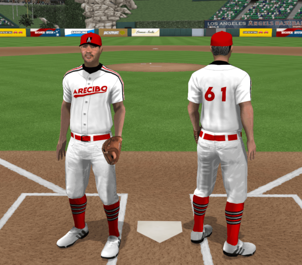 The home uniforms of the Cachorros de Arecibo honor the institution of the baseball uniform, with its simple color coding and the outsized impact of accentuation. In practice, what this means: white jerseys with red "Arecibo" wordmark and swash on the front and numbers on the back; black undershirt; piping down the shoulders to the ends of the sleeves, which starts with black on the outside, through gray and white to a thick red line at the center. White pants with red black-buckled belt, and red socks with three medium gray stripes bordered in black. Red caps with black brims and the wolf's-head logo in black under the silver gradient "A."