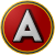 The logo of the Lobos de Arecibo: a white "A" in sans-serif triangular font, outlined and shadowed in black, on a red circle bordered in gold-navy-gold.