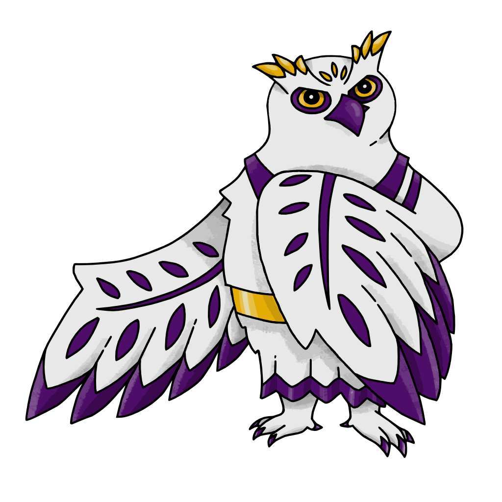Buhonrado, the mascot of the Ilustres de Barranquitas, is a white owl with what amounts to a toga praetexta: there’s purple markings on its wings and purple feathers along the bottom, as well as at the hem of its body feathers; its claws, collar, beak and eyelids are also purple, while its eyes themselves and eyebrows are golden, and it wears a golden belt as it spreads a wing wide in order to speechify.