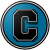 The logo of the Guardacostas de Cataño: a black C in block athletic font, bordered in white and black and shadowed in a dark blue, on a sky-blue circle with a translucent pattern of waves, bordered in black-white-black.