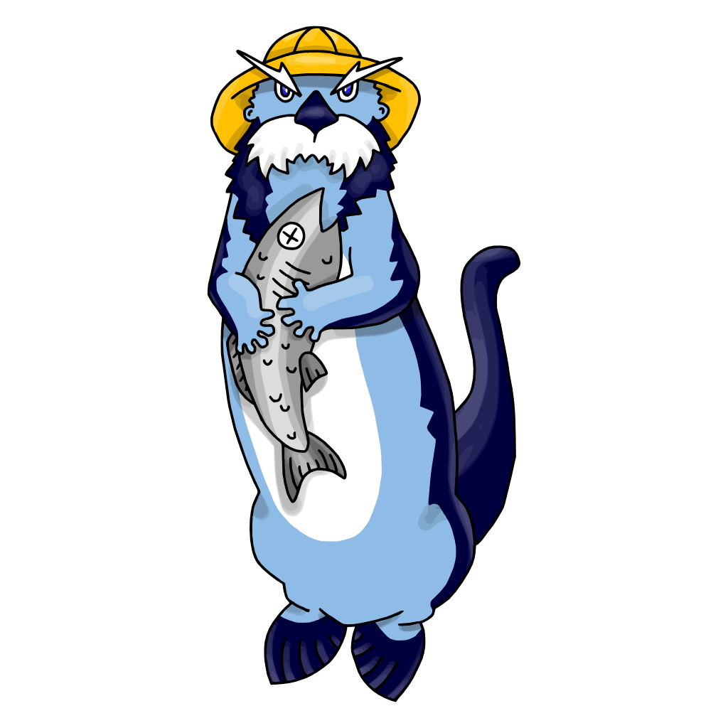 Curricanoso, the mascot of the Pescadores de Salinas, is a light blue otter with navy back, tail, fins, and collar; white eyebrows, mustache and belly; wearing a yellow fisherman’s hat and holding a dead gray fish it’s about to eat. 
