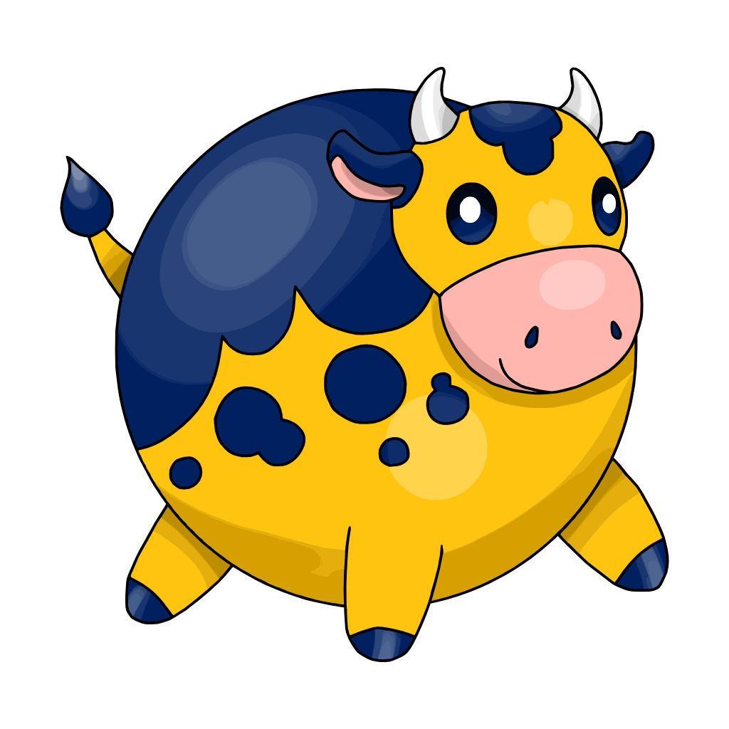 Esferinata (Lecheros de Bayamón) Esferinata, the mascot of the Lecheros de Bayamón, is an extremely adorable round gold cow with dark blue back and spots, eyes, hooves and tail, small white horns, and it looks SO happy.