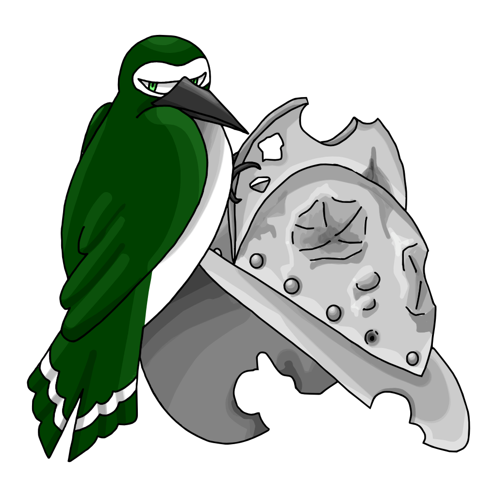 Formotín (Libertadores de Guaynabo) Formotín, the mascot of the Libertadores de Guaynabo, is a green woodpecker with bright green eyes, white front (along with tail markings), and black beak, pecking the absolute crap out of a steel conquistador helmet, which has been absolutely dented. (So maybe it's a steelpecker. Sue us.)