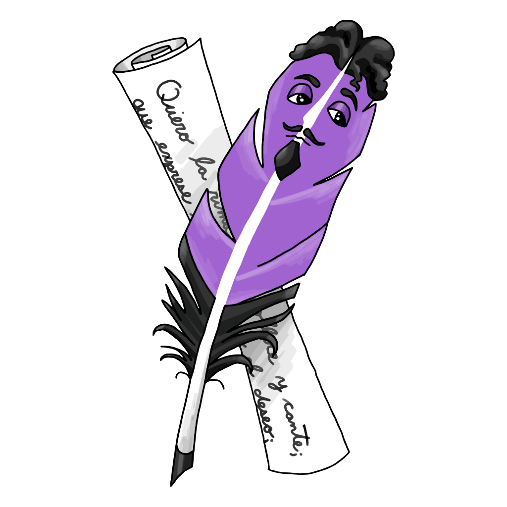 Guaplumetón, the mascot of the Poetas de Toa Alta, is an animated purple quill with black hair, eyebrows, mustache, goatee (all patterned after Spanish poet Gustavo Adolfo Bécquer) and bottom feathers and a white spine, crossed against a scroll that reads “Quiero la rima que solloce y cante / que exprese la nostalgia y el deseo.” (“I want the rhyme that weeps and sings / that expresses nostalgia and desire.”) That’s a quotation from Lola Rodríguez de Tió’s “El poeta.”