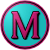 The logo of the Acropolitanos de Manatí: a hot pink M in a serif book style font, bordered in black, on a light blue circle, bordered in hot pink-black-hot pink.