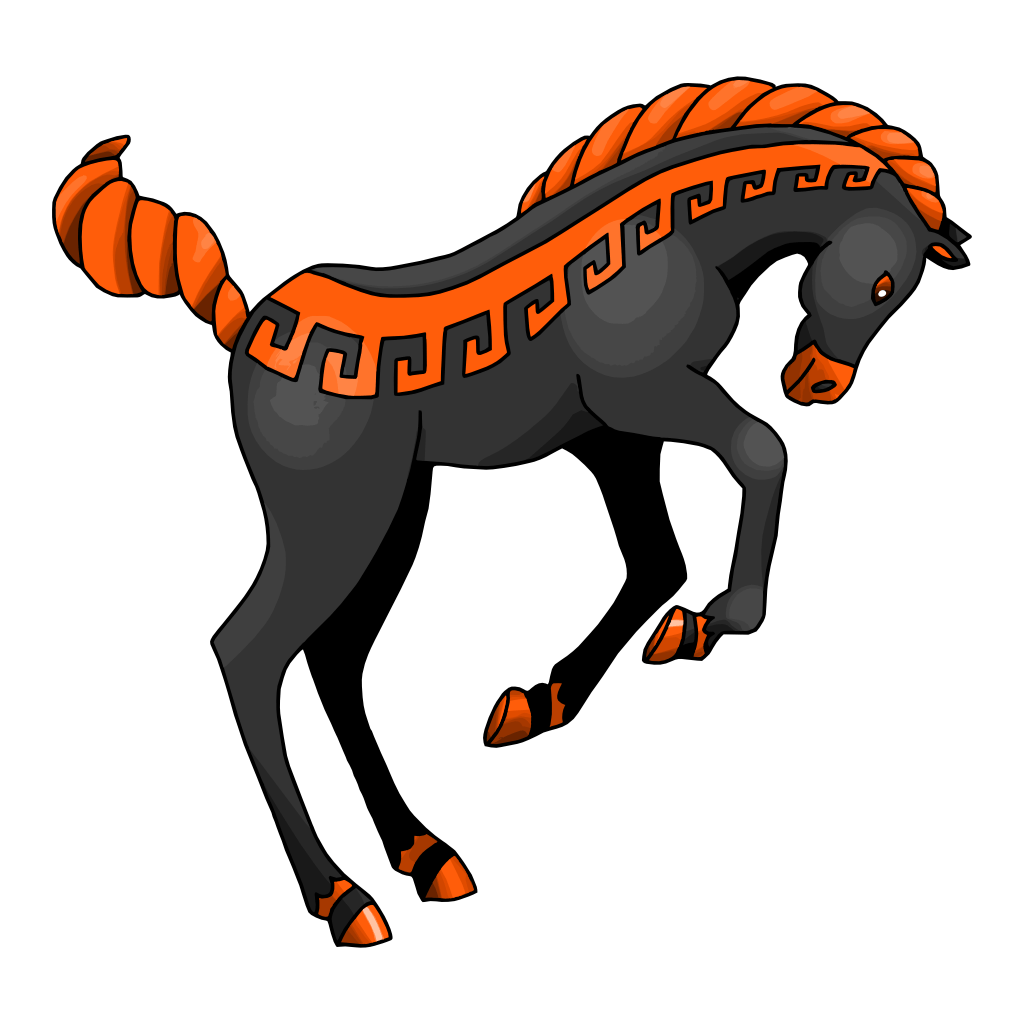 Potremura, the mascot of the Corceles de Santa Isabel, is a black colt, slightly gangly as it rushes headlong forward, with orange mane, hooves, nose, eyes, and tail, and in the same color, a Grecian hooked pattern across its side.