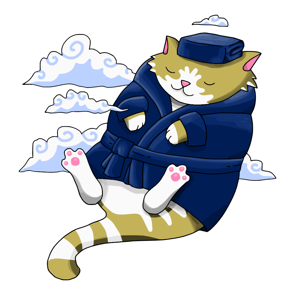 Saunigozo, the mascot of the Termales de Coamo, is a pale-gold-and-white cat wearing a dark blue bathrobe and towel on its head, sinking down in comfort so you can see its pink toe beans (also pink: nose and ears) and surrounded by clouds of relaxing steam.