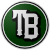 The logo of the Jinetes de Toa Baja: "TB" in white gothic font, bordered and shadowed in black, on a green circle bordered in white, then black, then white.