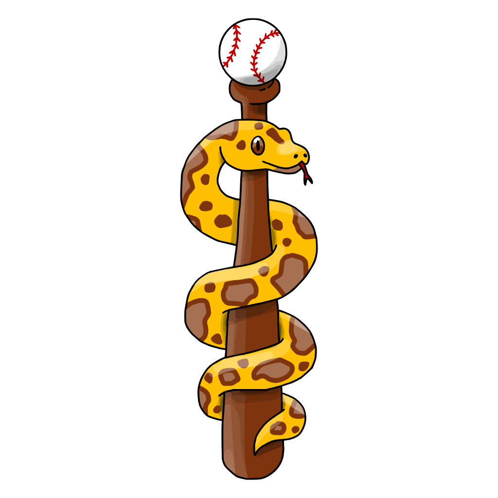 Vueltáspide, the mascot of the Sanisalvos de Morovis, is a gold snake with brown camouflage markings and eyes and red tongue, wrapped around a brown baseball bat topped with a classic baseball like a weird rod of Asclepius.