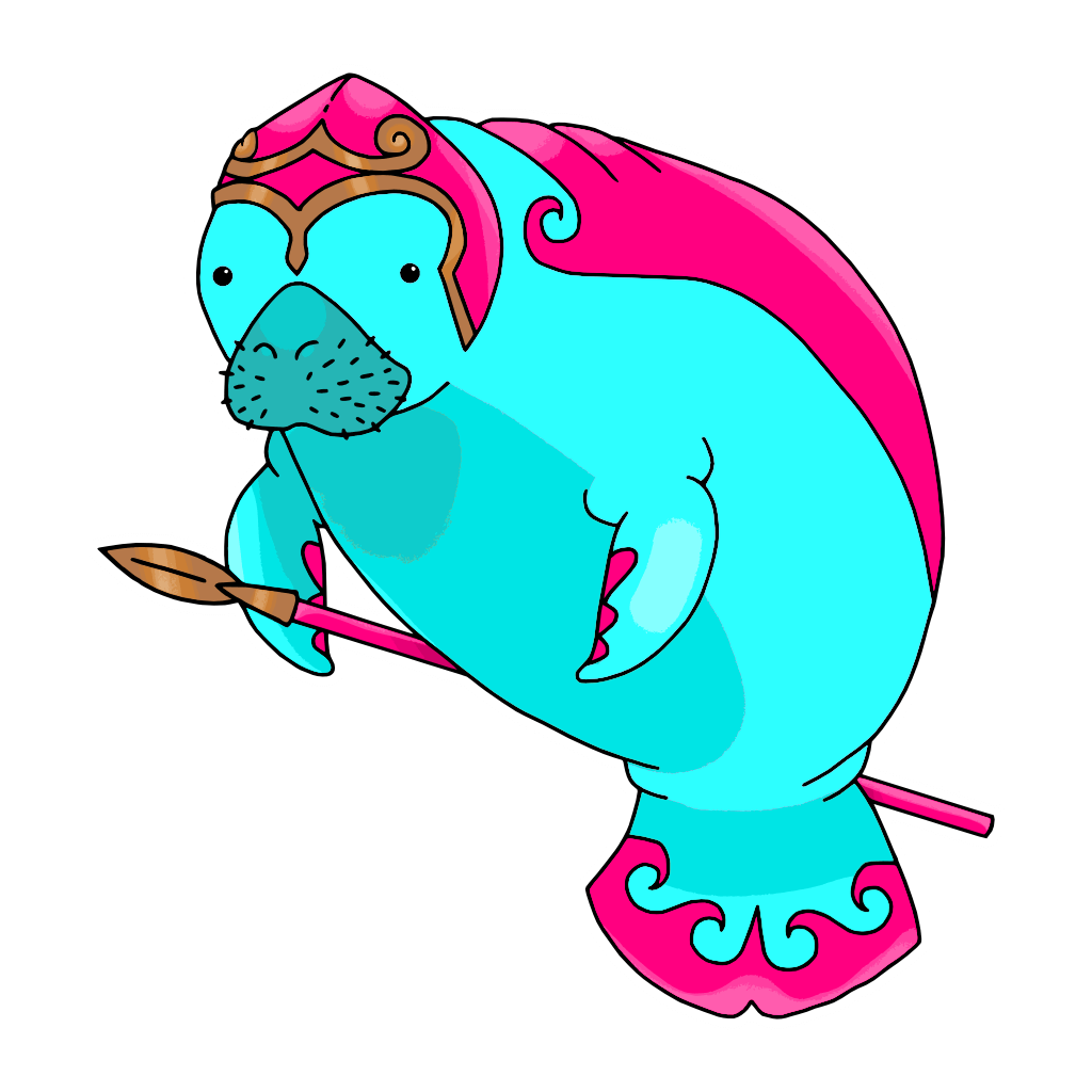 Zanganóplita (Acropolitanos de Manatí) Zanganóplita, the mascot of the Acropolitanos de Manatí, is a cyan manatee that could not possibly look derpier, with a hot pink back, tail and spear, which is tipped in the same bronze as the edge of its helmet. Its small black eyes have no idea what the hell it’s going to do with that spear.