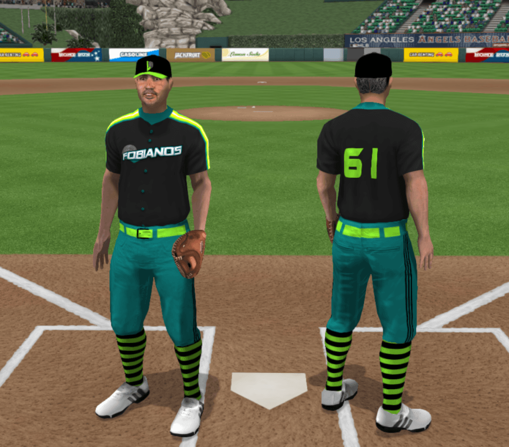 The away uniforms of the Fobianos de Lajas: black jerseys with teal buttons, undershirt, and "laser" piping down the shoulders that goes from teal at the outside, through lime, yellow and then white at the center. On the back are the numbers, in that modern techno font, in lime; on the front, the word "Fobianos" is in white, teal bordered and then in black, on a teal swash and with the gray Phobos image underneath it. Black caps with lime brims and the Fobianos' gray-Phobos-behind-lime-Lajas-L logo on the front. Teal pants with lime belts with black buckles and black triple lines down the sides. Socks striped horizontally in black and lime.
