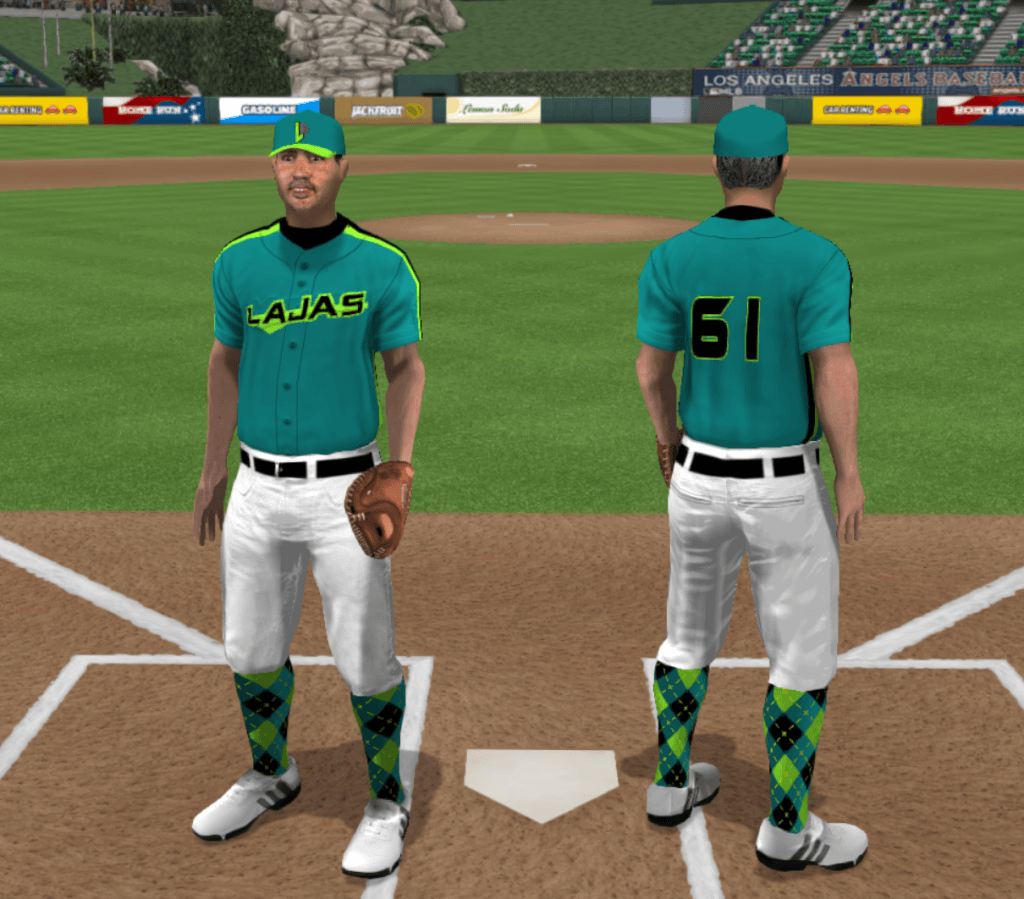 The home uniforms of the Fobianos de Lajas: teal jerseys with thick lime-black piping down the shoulders, teal buttons, and the town name "Lajas" in black modern sans-serif font, bordered in lime on a lime swash, on the front; on the back is the number, in one of those "technological" modern fonts that's very angular and has no character support for diacritics, also in lime-bordered black. Black undershirts; teal caps with lime brims and the Fobianos' logo, which is Phobos itself (but round) in gray behind a lime Lajas "L" bordered in black. White pants with black belt and white buckle; argyle socks, with teal, black, and lime rhombuses connected by yellow "stitching."