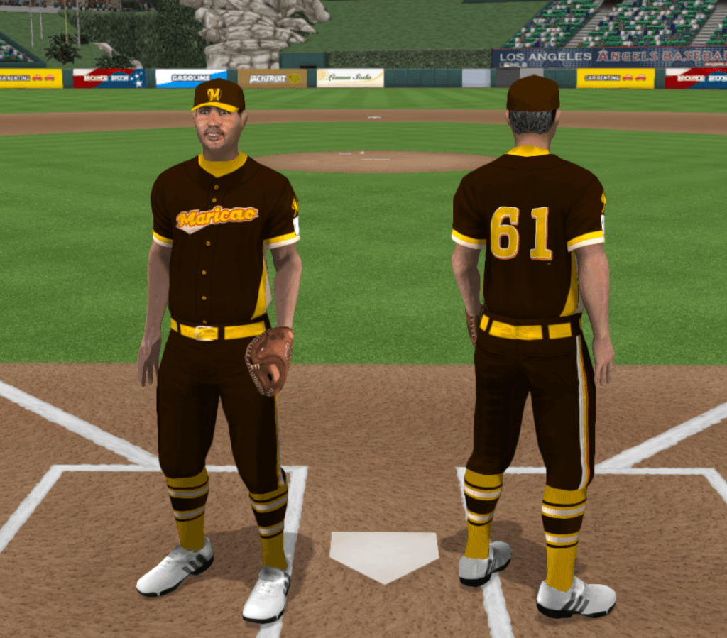 Maricao Ristretti - Away The away uniforms of the Ristretti de Maricao are kind of like if the seventies were more hyper. Brown jerseys with gold undershirts, golden buttons, and gold and tan stripes on the sleeve ends, both of which still feature the demitasse-steam logo, as well as gold-tan-gold triangular piping on the sides. On the front, the Maricao wordmark in gold is bordered in orange and sits on a tan swash; on the back, the numbers are in gold, bordered in tan, with orange shadows to the bottom right. Brown pants with gold tan-buckled belt and orange-tan-white piping down the legs; yellow socks with thick brown stripes bordered in medium tan stripes bordered with narrow brown stripes. Brown caps with gold bills, same golden "M" on the coffee-colored leaf art.