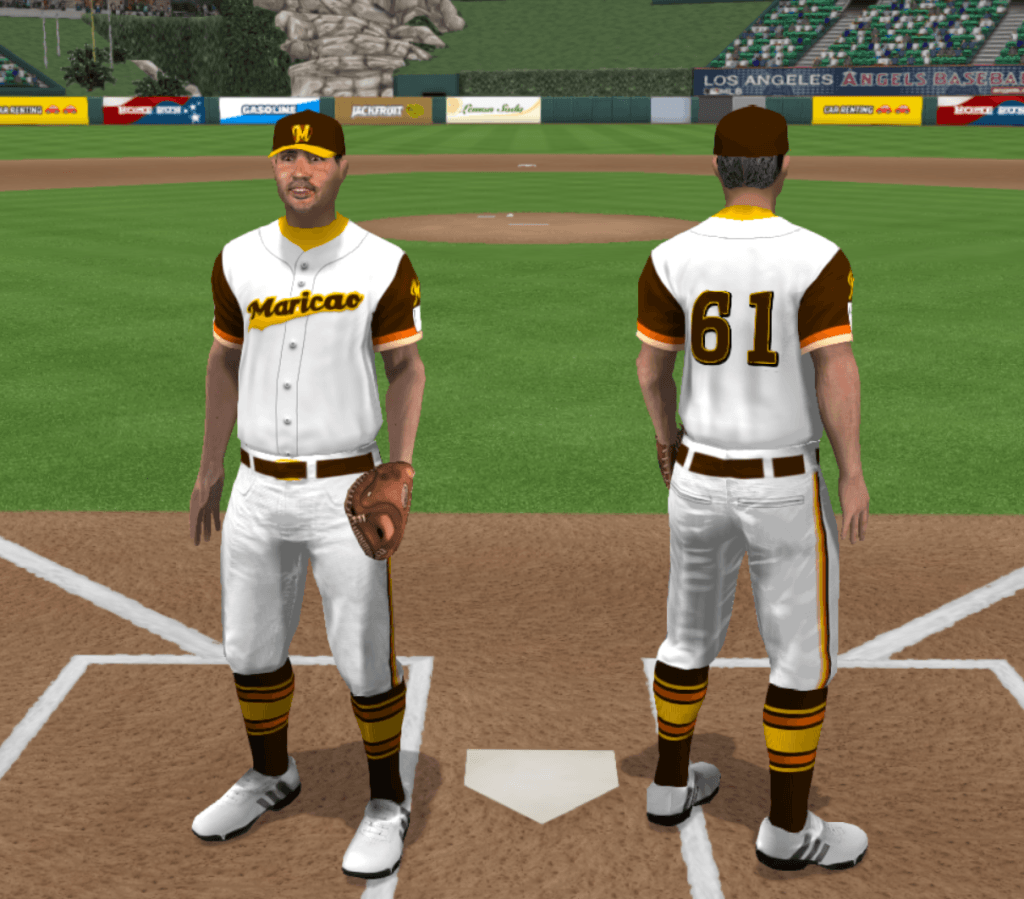 Maricao Ristretti - Home The home uniforms for the Ristretti de Maricao: white jerseys with white buttons, yellow undershirt, and brown sleeves that end in orange and then tan stripes symbolizing layers of coffee; each sleeve also has the Ristretti's special logo, a demitasse crowned with the golden Maricao "M" in a steamlike curve. The brown "Maricao" wordmark sits on the chest on top of a golden swash; on the back, brown numbers are bordered in gold with black shadows to the bottom right. White pants with brown gold-buckled belt and brown-orange-yellow piping down the sides, leading to brown socks that each have a thick gold stripe, bordered by two orange medium stripes, bordered by two narrow gold stripes. Brown caps with gold bills and the golden Maricao "M" on top of the lighter coffee-colored leaf art.