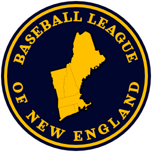Baseball_League_of_New_England_000080_FFC000_300px The logo of the Baseball League of New England: a graphic of the six New England states in gold, set off against a navy circle whose border says "Baseball League of New England" in formal serif text, all caps. It's bordered in gold and then navy.
