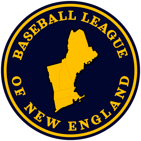 The logo of the Baseball League of New England: a graphic of the six New England states in gold, set off against a navy circle whose border says "Baseball League of New England" in formal serif text, all caps. It's bordered in gold and then navy.