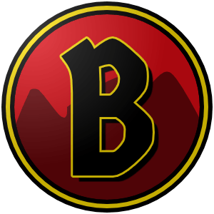 Bolzano_Dolomiti_DB0A13_FCDE02 (300px) The logo of the Dolomiti di Bolzano: a red circle split in half by the outline of the Dolomite Alps, in darker red, on which a sans-serif black "B" is superimposed that is shadowed in more black and bordered in gold. The circle is bordered in black-gold-black.